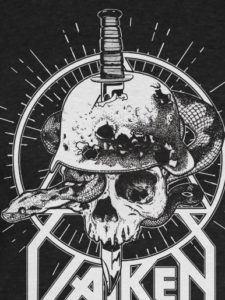War skull t-shirt design, heavy metal style with snake and knife.