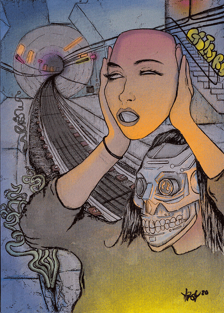 Gif of cyberpunk illustration, android in the subway.  Cyborg takes off their mask.  